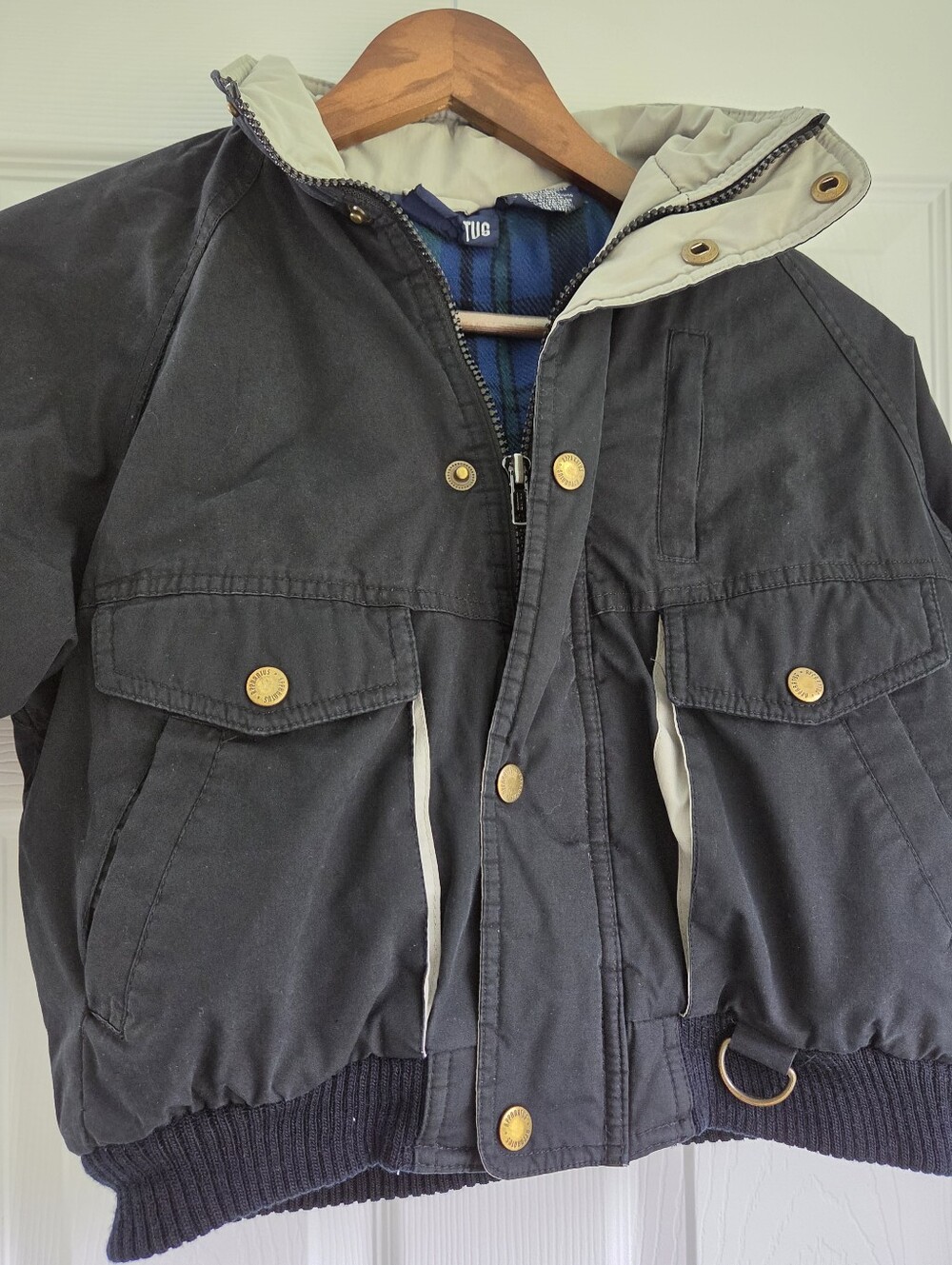 Vtg 90s Apparatus Hooded Canvas Bomber Jacket Plaid Lined Workwear Size 5